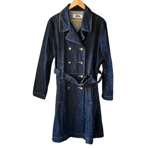 Old Navy Sz L Vintage Y2K Dark Wash Denim Longline Trench Coat Double Breasted